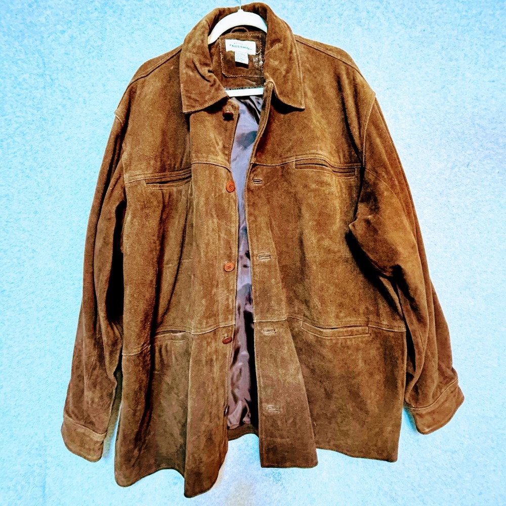 Men's Heavy Suede Leather Coat XL Brown Button Front Car Coat Vintage Workwear